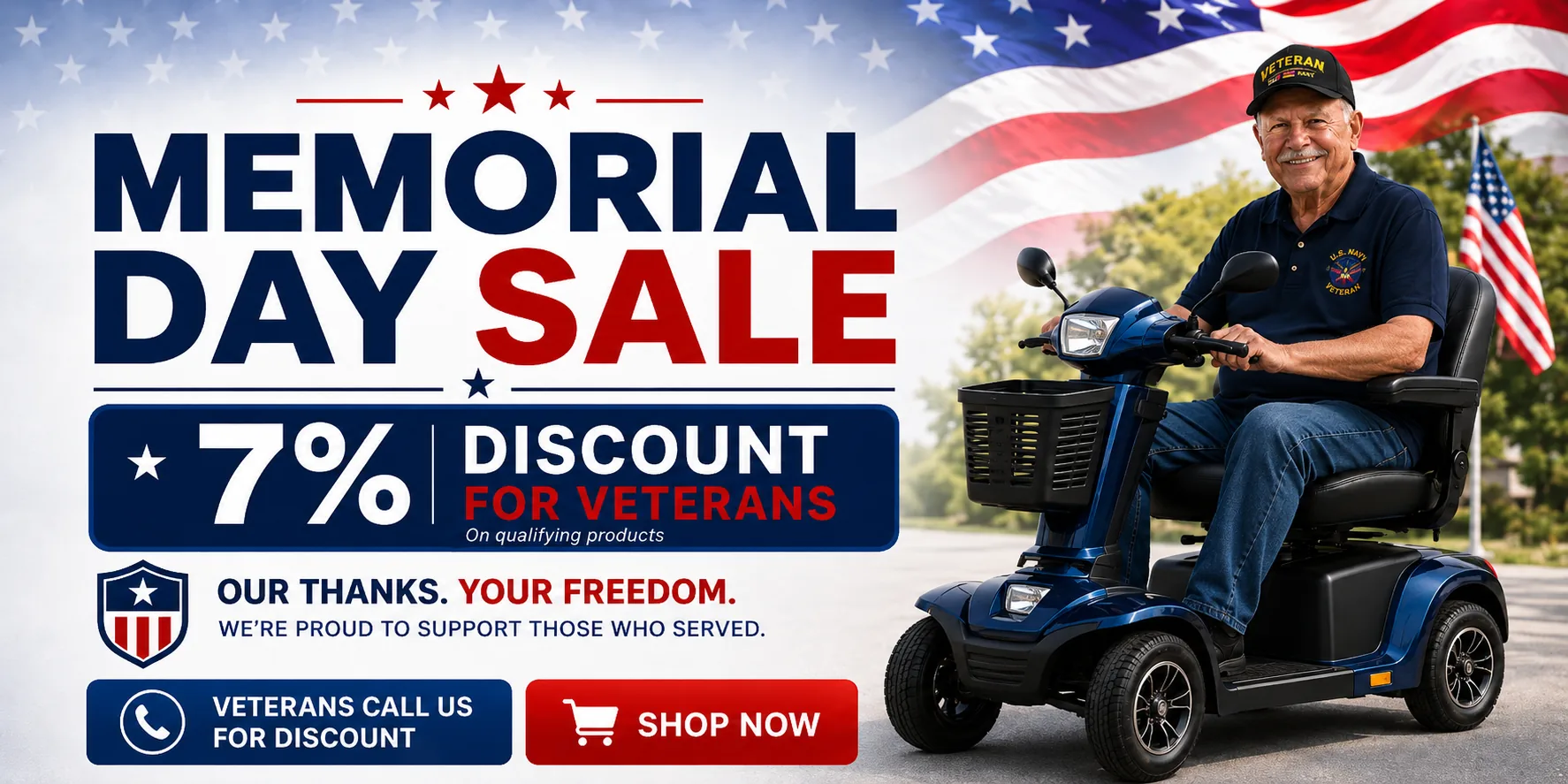 Memorial Day Sale - 7% discount for veterans on qualifying mobility products