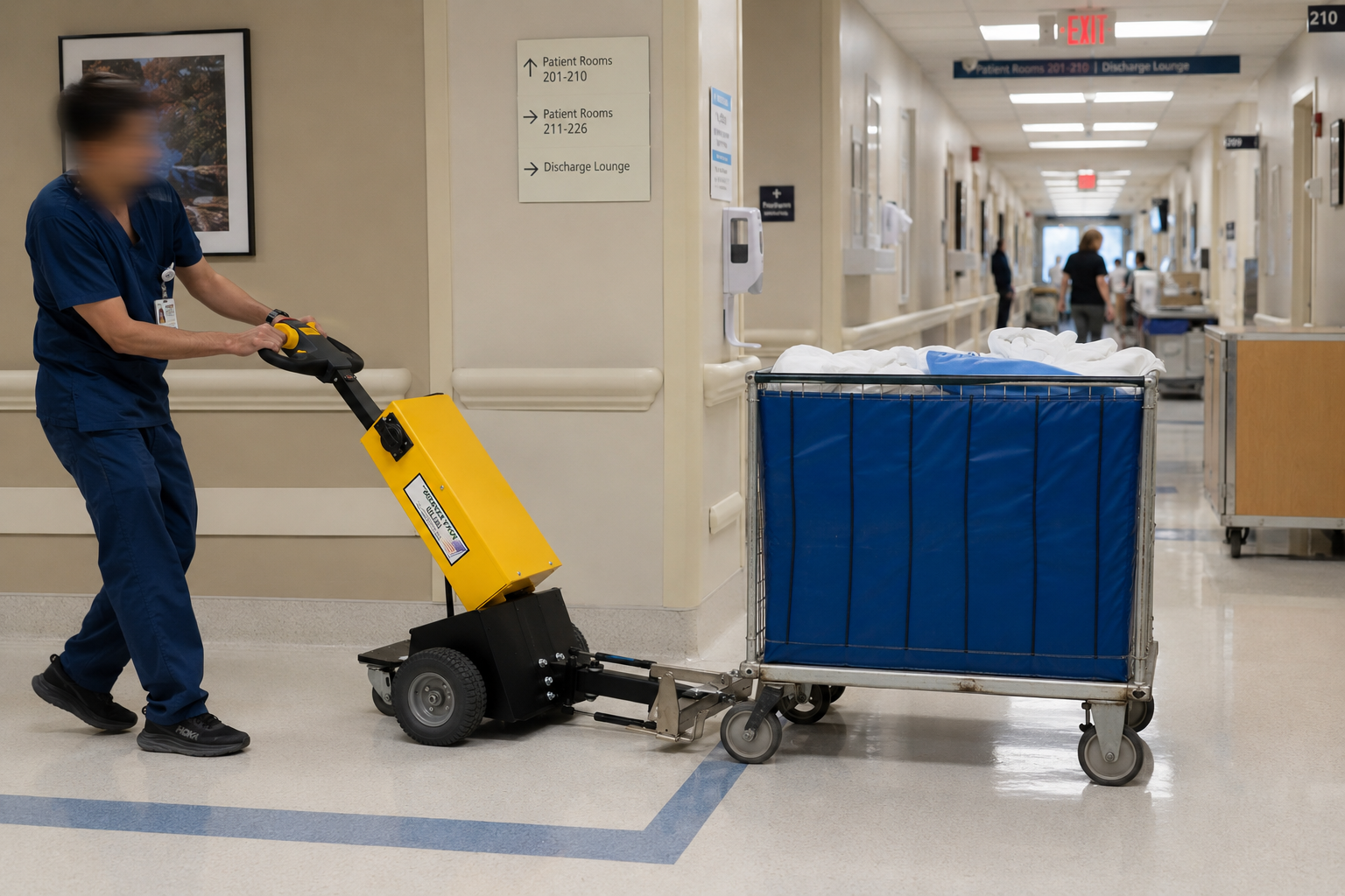 Pony Express compact electric tugger towing a linen cart through a hospital corridor